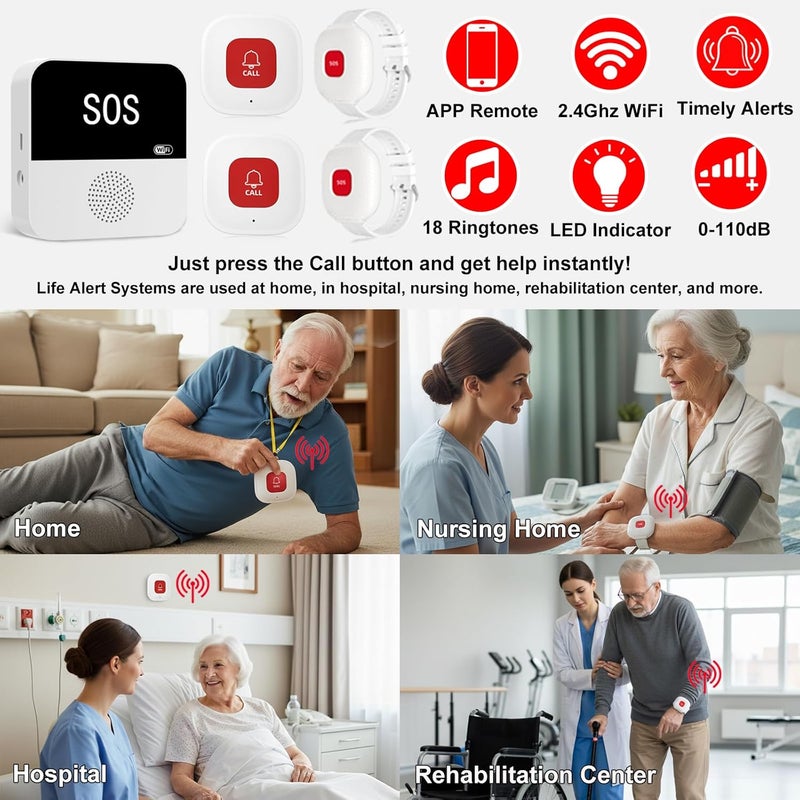 PerfeSafe Life Alert Systems for Seniors No Monthly Fee, Wi-Fi APP Control Wireless Caregiver Pager for Elderly at Home, Medical Alert Systems for Patients with 1 Receiver 2 Call Button 2 Watch Button - Image 3